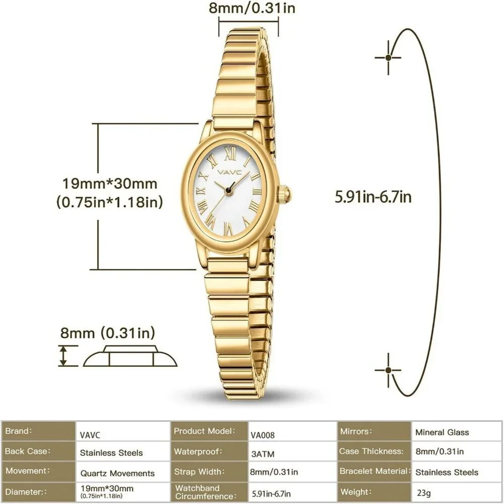 Women's Gold Watch with Stainless Steel Expansion Band Oval Case Roman Dial